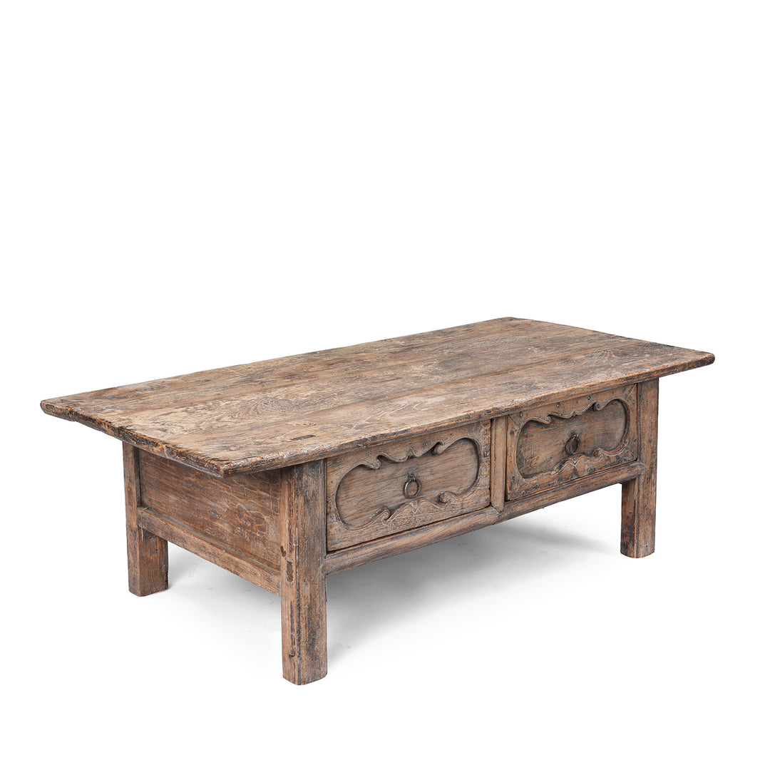 Angled View Of Antique Elm Coffee Table With Drawers From Shandong | Indigo Antiques