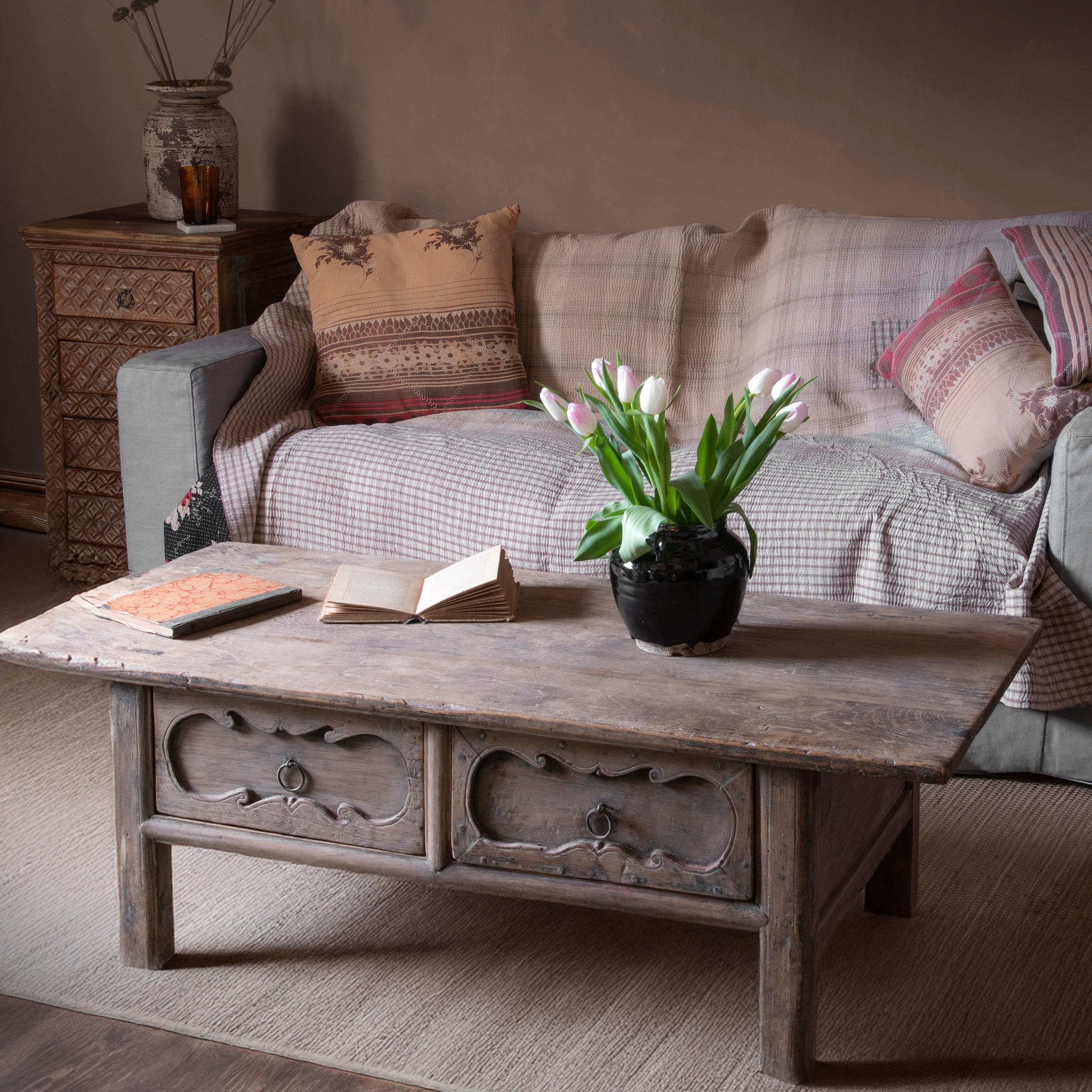 Neutral coloured living room with lots of textures