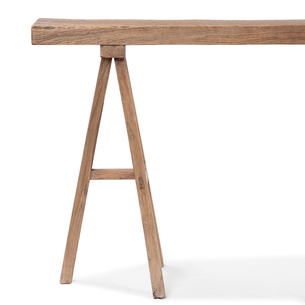 Close Up VIew Of Leg From Chinese Walnut Trestle Console Table With Detachable Top