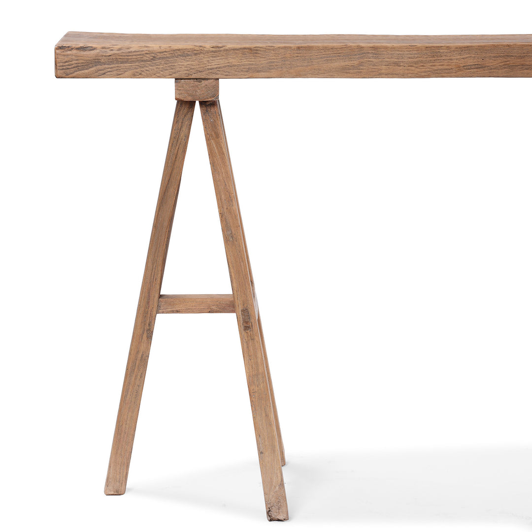 Close Up VIew Of Leg From Chinese Walnut Trestle Console Table With Detachable Top