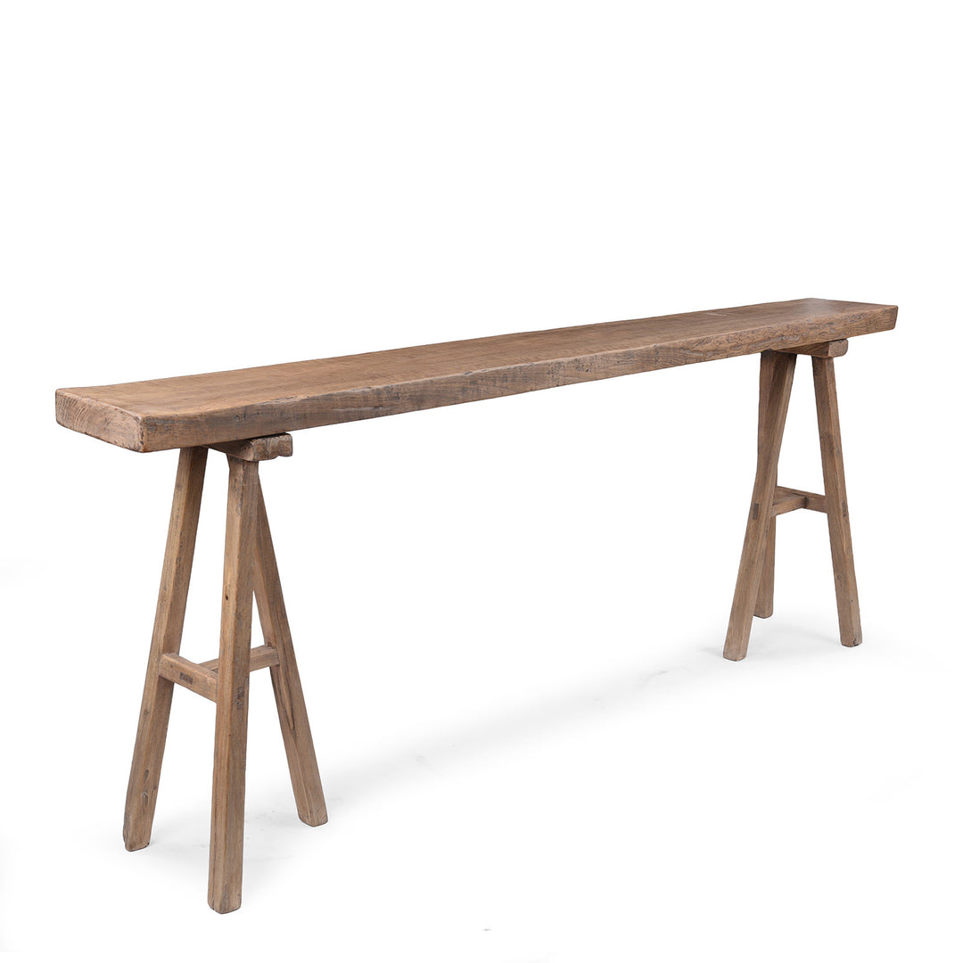 Angled View Of Trestle Console Table Made From Old Walnut