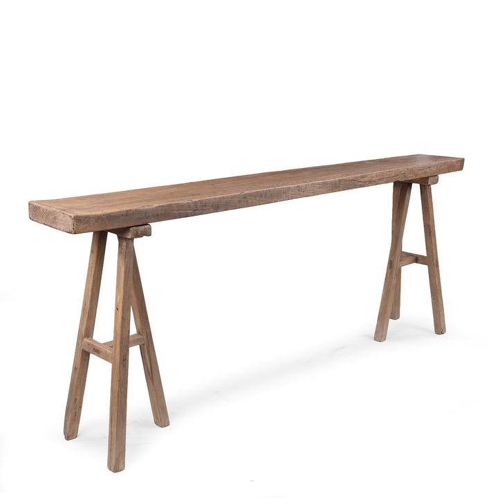 Angled View Of Trestle Console Table Made From Old Walnut