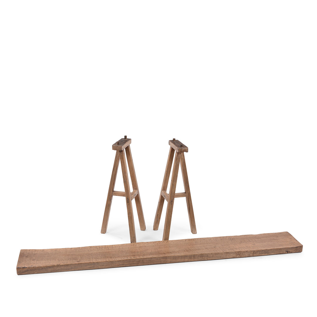 Disassembled View Of Chinese Walnut Trestle Console Table With Detachable Top