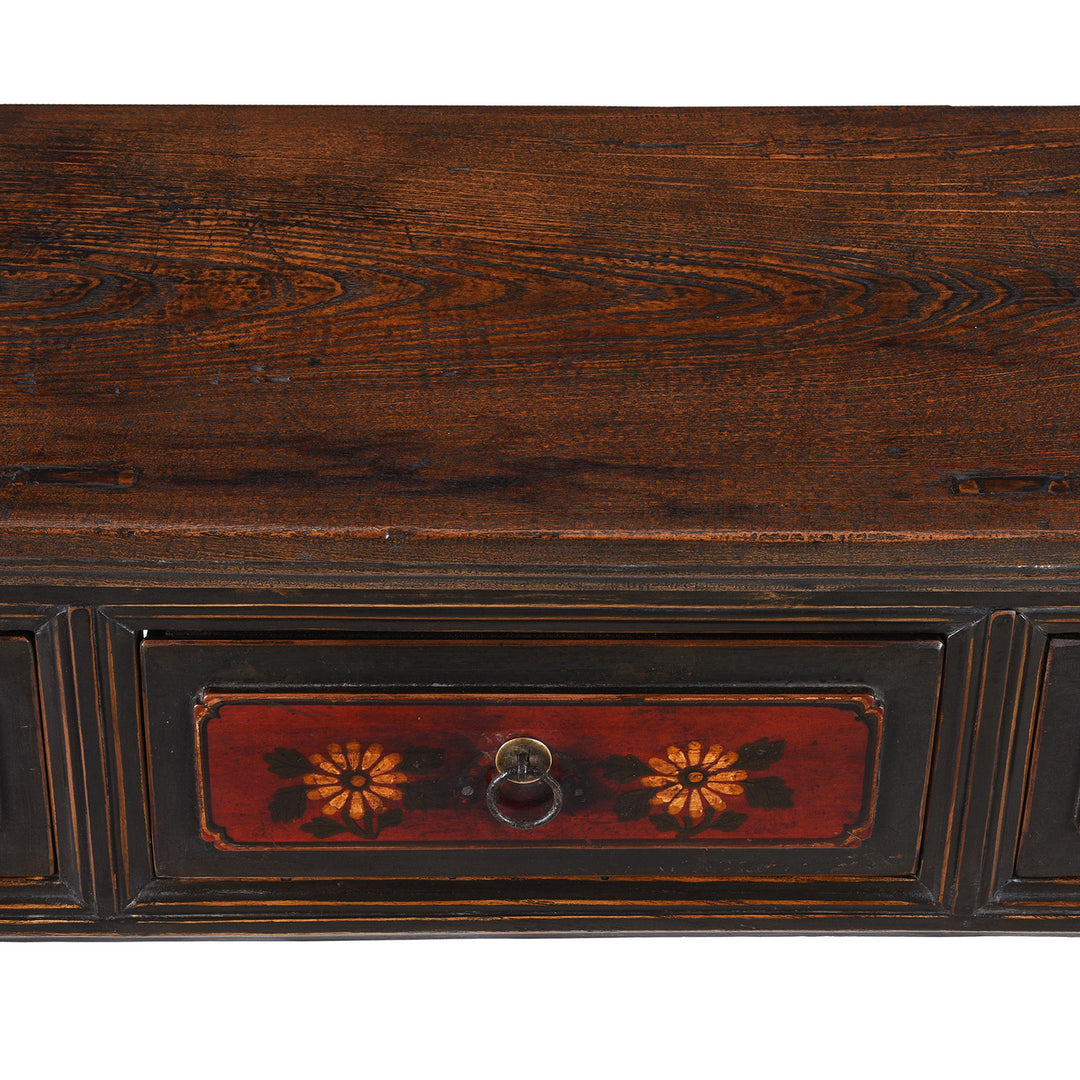 Drawer And Surface Detail From 19th Century Painted Elm Altar Table From Gansu With Floral Drawer Fronts And Worn Black Lacquer
