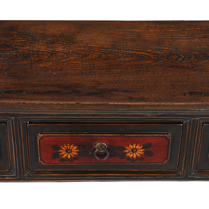 Drawer And Surface Detail From 19th Century Painted Elm Altar Table From Gansu With Floral Drawer Fronts And Worn Black Lacquer