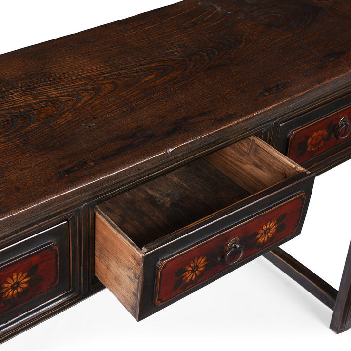 Drawer Detail From 19th Century Painted Elm Altar Table From Gansu With Floral Drawer Fronts And Worn Black Lacquer