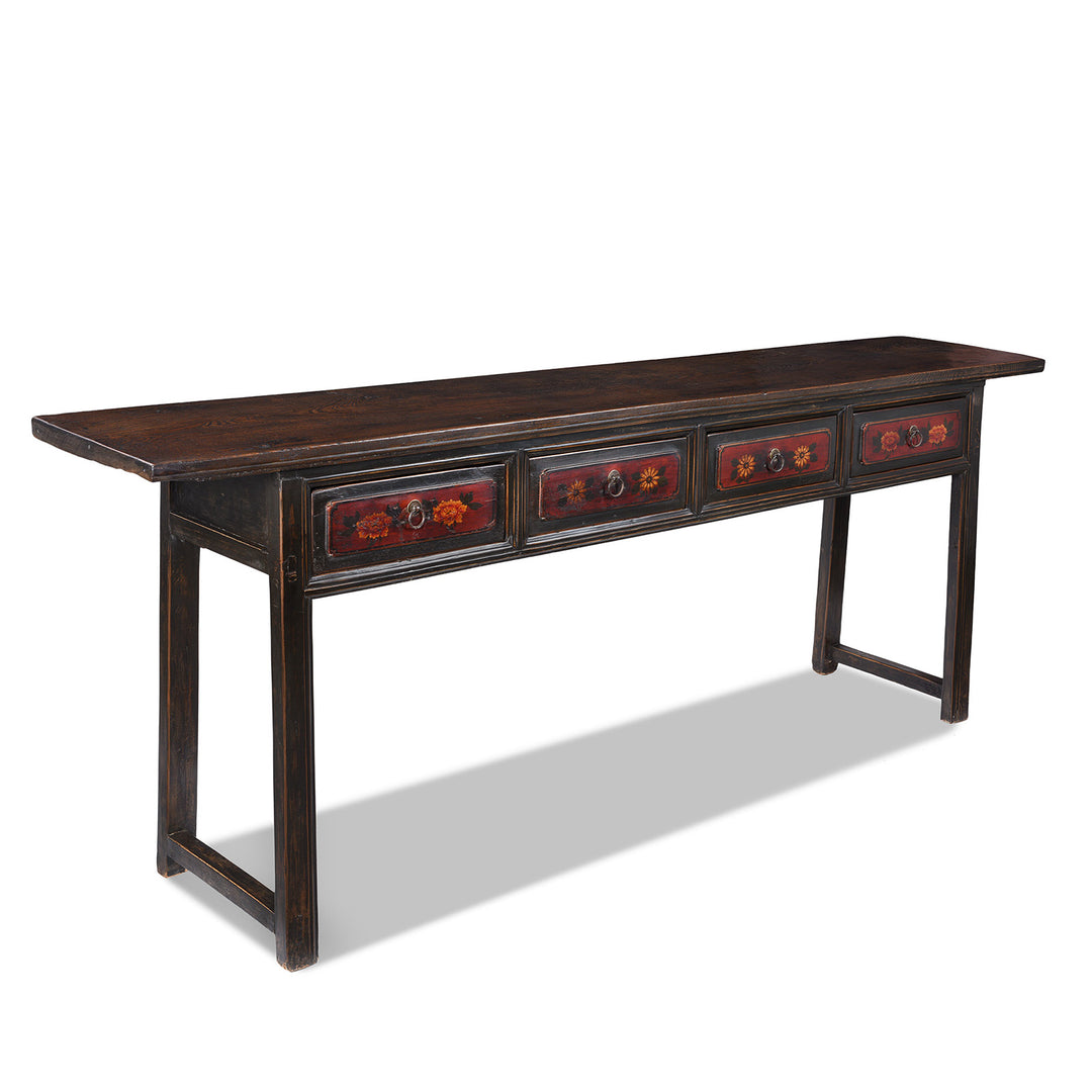 Angled VIew Of 19th Century Painted Elm Altar Table From Gansu With Floral Drawer Fronts And Worn Black Lacquer