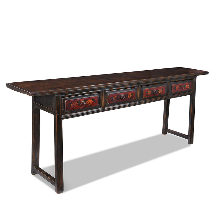 Angled VIew Of 19th Century Painted Elm Altar Table From Gansu With Floral Drawer Fronts And Worn Black Lacquer