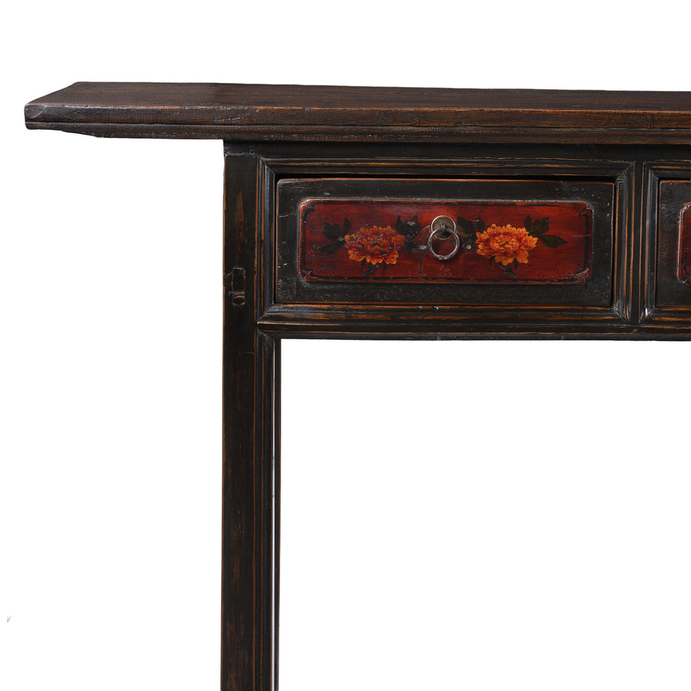 Corner Detail From 19th Century Painted Elm Altar Table From Gansu With Floral Drawer Fronts And Worn Black Lacquer