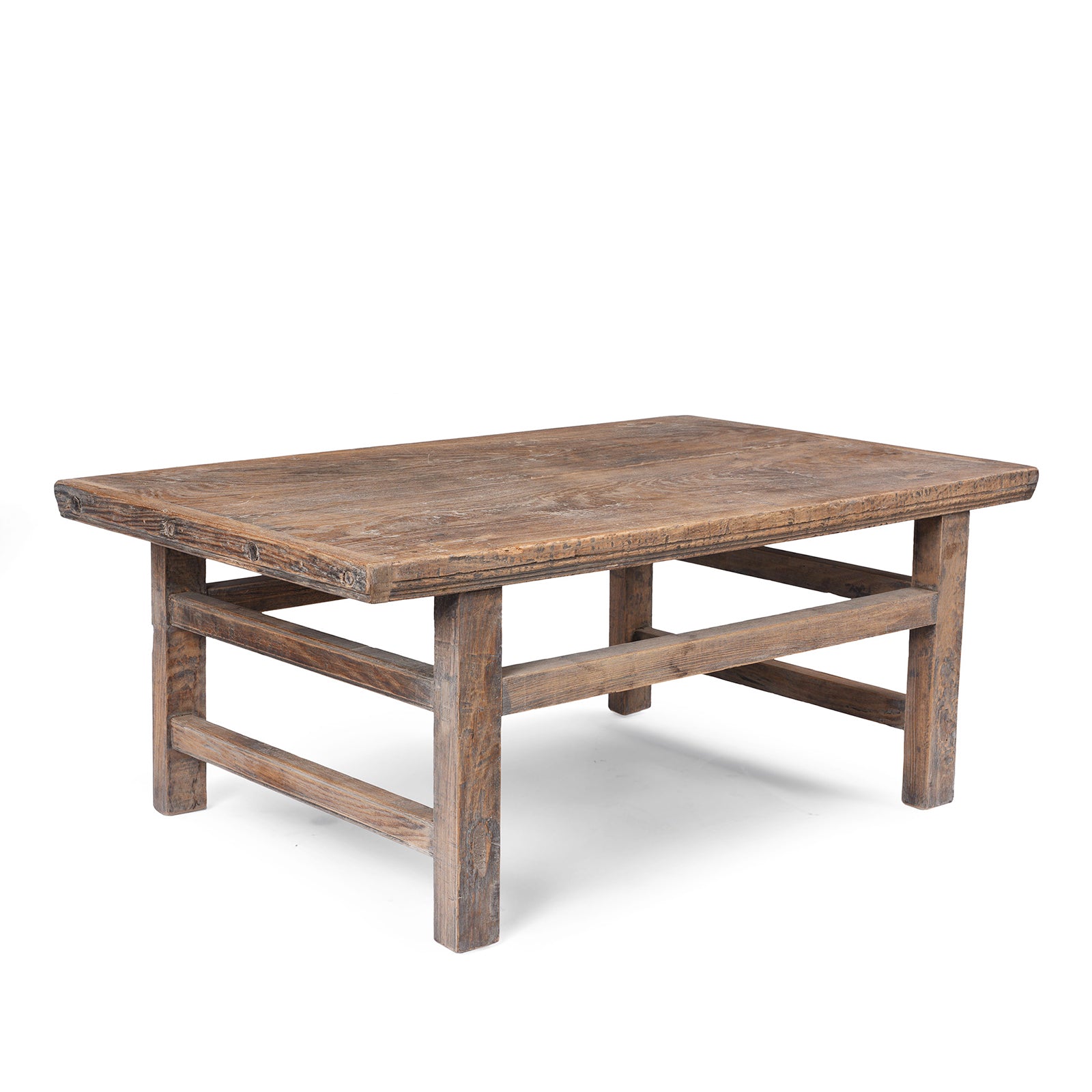 Angled View Of Rustic Sun-bleached Elm Farmhouse Coffee Table | Indigo Antiques