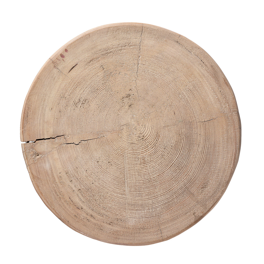 Top Down VIew Of Bleached Pine Stool Table With Conical Base And Circular Top