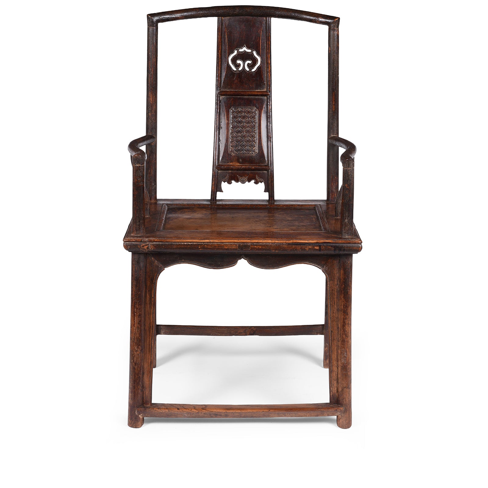 Antique Chinese Southern Officials Hat Chair From Shanxi With Carved Back And Burgundy Lacquer Patina