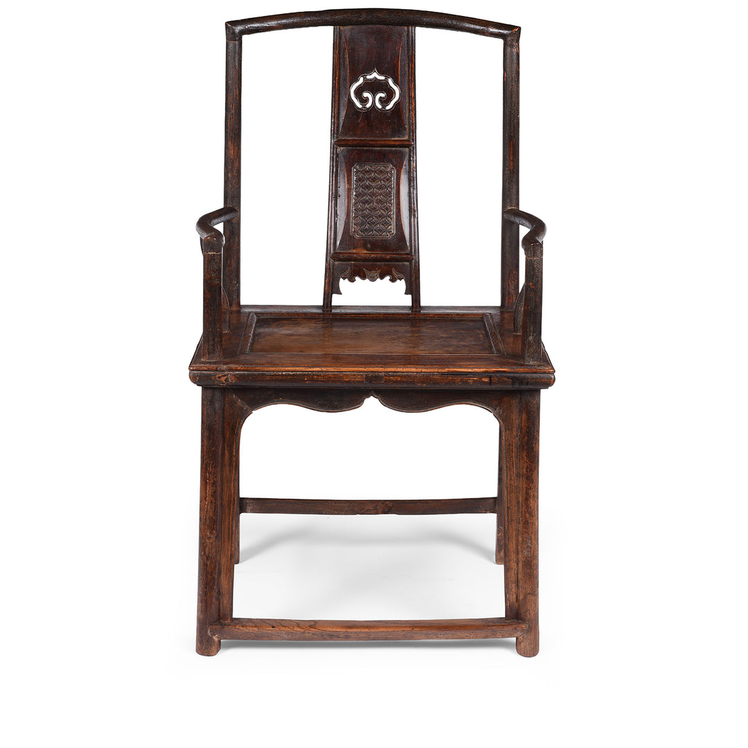 Antique Chinese Southern Officials Hat Chair From Shanxi With Carved Back And Burgundy Lacquer Patina