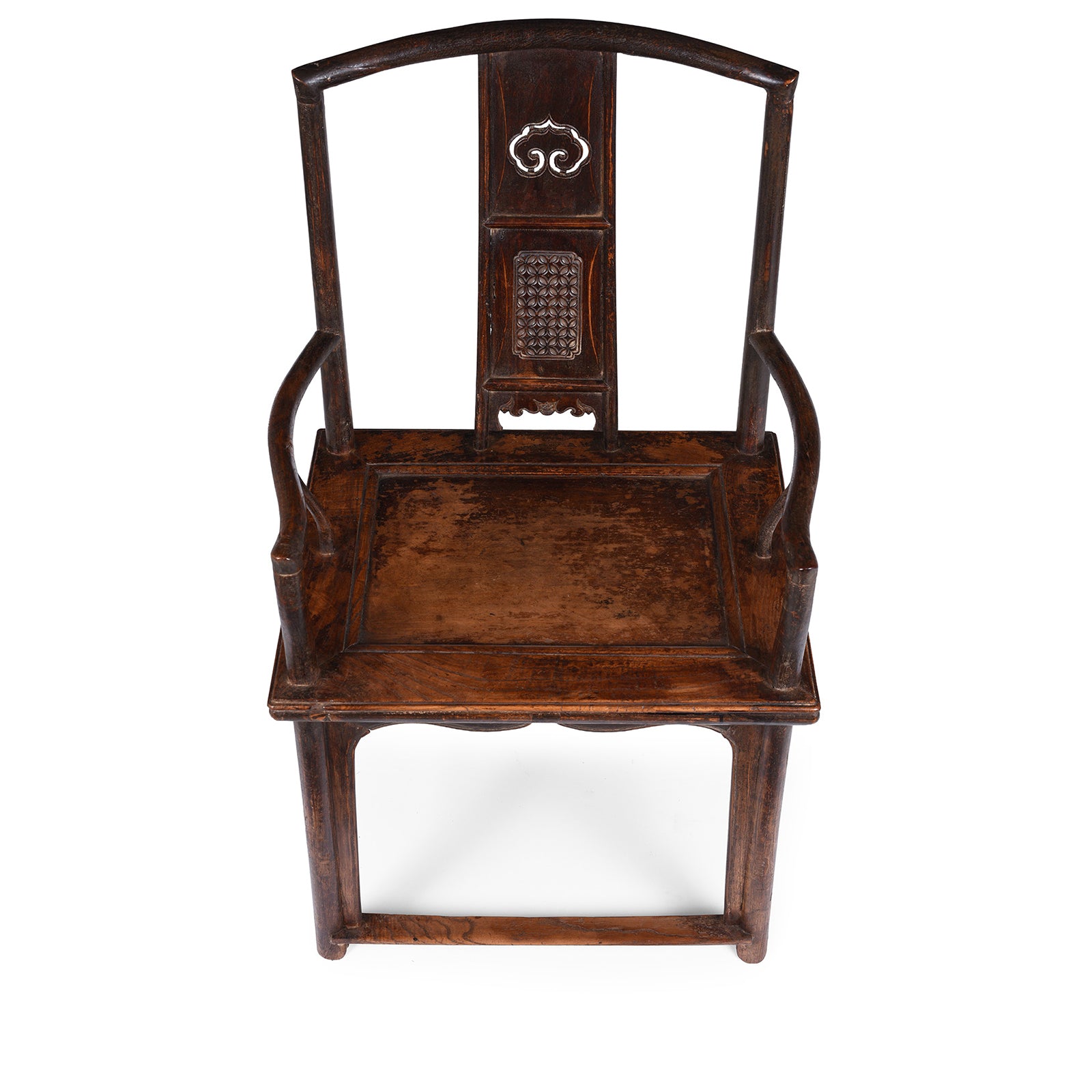 Seat Detail From Antique Chinese Southern Officials Hat Chair From Shanxi With Carved Back And Burgundy Lacquer Patina