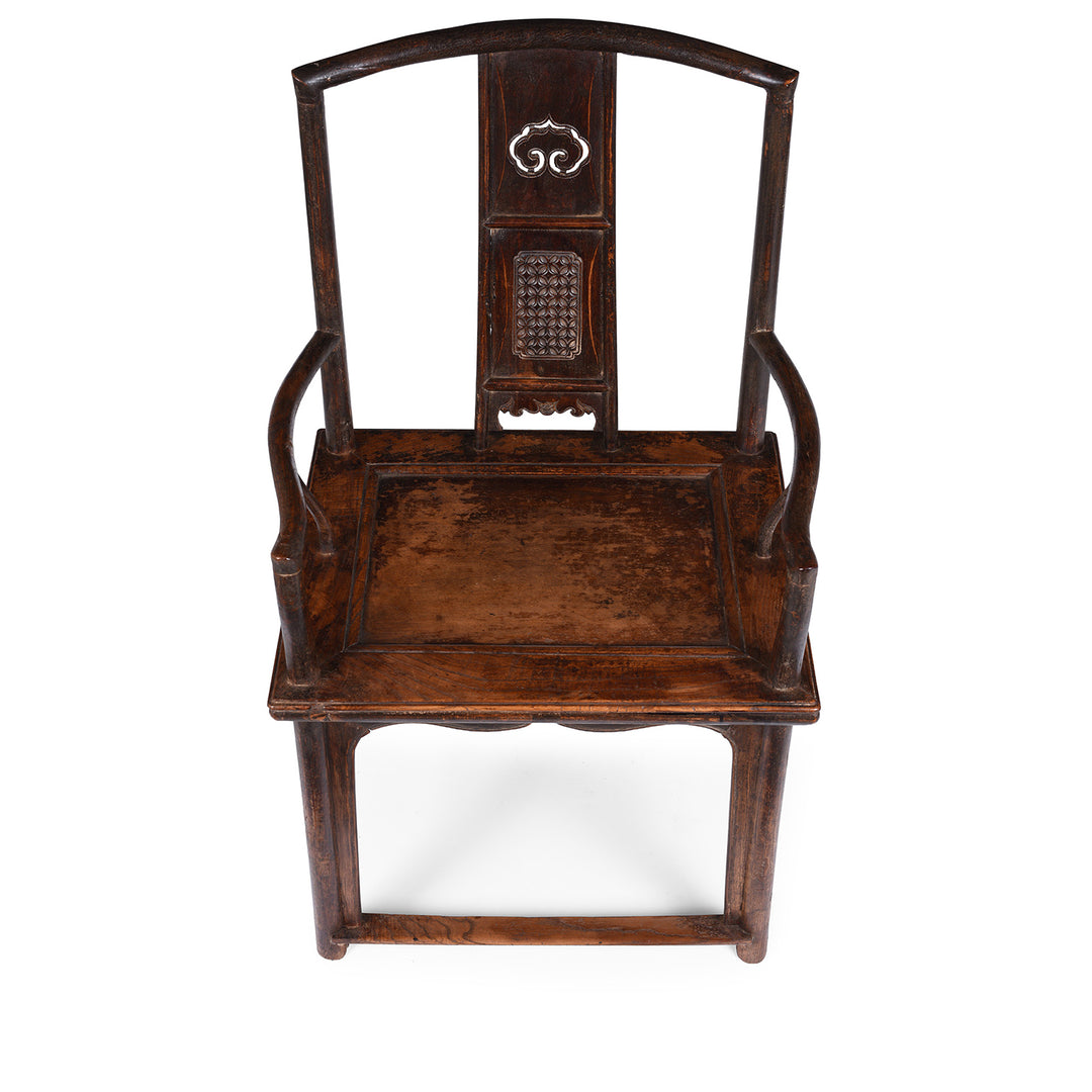 Seat Detail From Antique Chinese Southern Officials Hat Chair From Shanxi With Carved Back And Burgundy Lacquer Patina