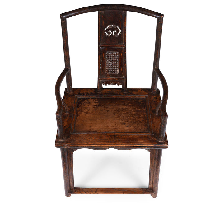 Seat Detail From Antique Chinese Southern Officials Hat Chair From Shanxi With Carved Back And Burgundy Lacquer Patina