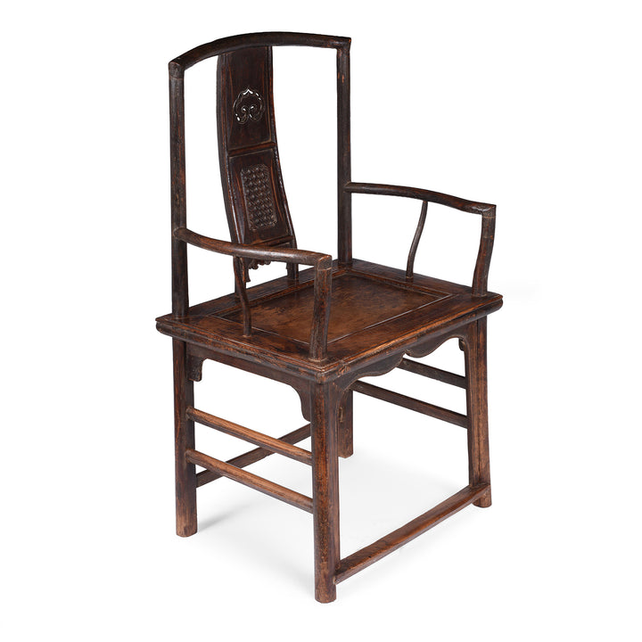 Angled View Of Antique Chinese Southern Officials Hat Chair From Shanxi With Carved Back And Burgundy Lacquer Patina