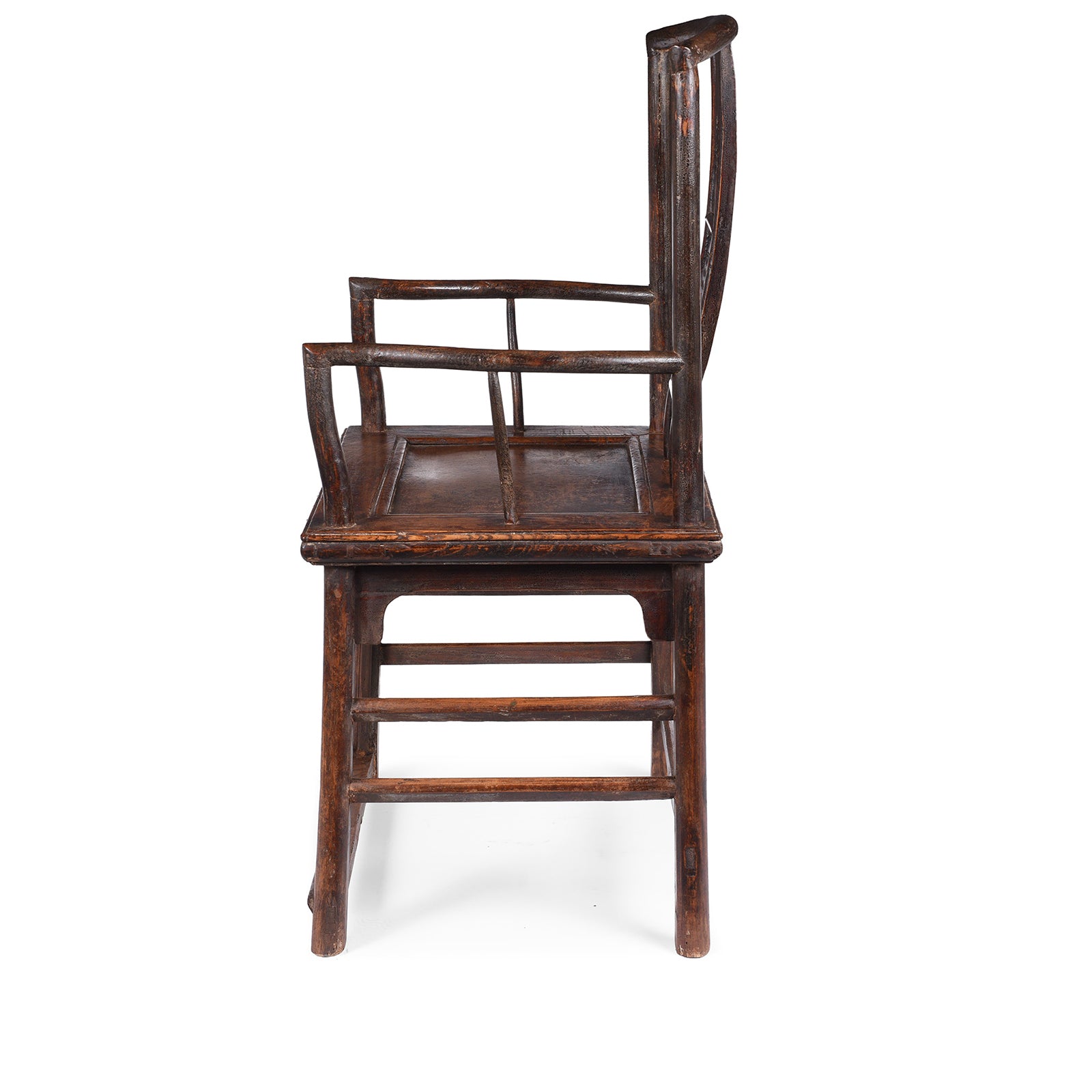 Side View Of Antique Chinese Southern Officials Hat Chair From Shanxi With Carved Back And Burgundy Lacquer Patina