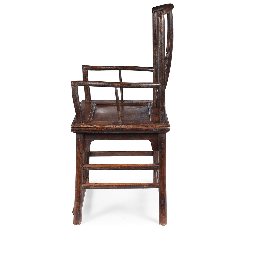 Side View Of Antique Chinese Southern Officials Hat Chair From Shanxi With Carved Back And Burgundy Lacquer Patina