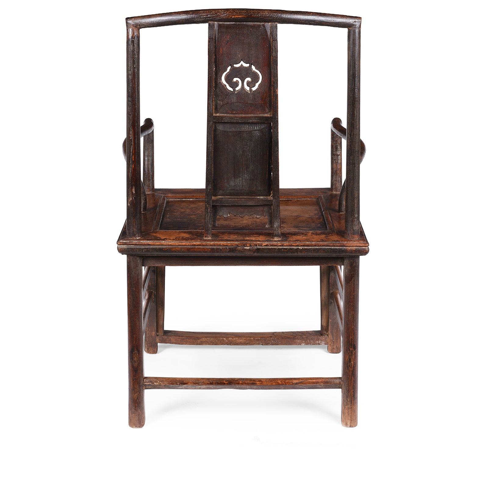 Back Of Antique Chinese Southern Officials Hat Chair From Shanxi With Carved Back And Burgundy Lacquer Patina