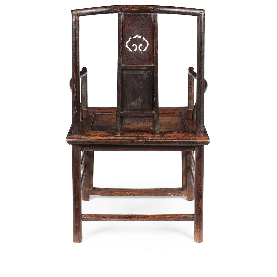 Back Of Antique Chinese Southern Officials Hat Chair From Shanxi With Carved Back And Burgundy Lacquer Patina