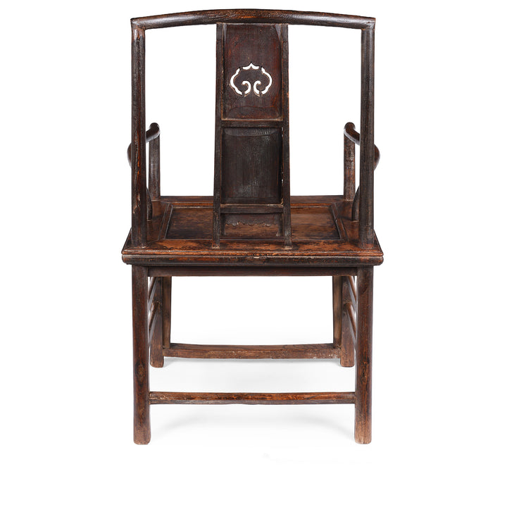 Back Of Antique Chinese Southern Officials Hat Chair From Shanxi With Carved Back And Burgundy Lacquer Patina