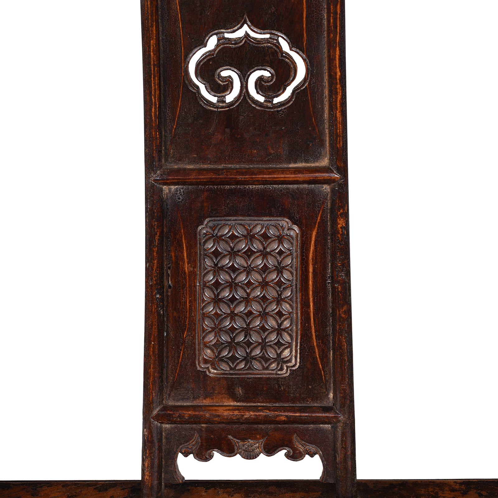 Detaiing On Antique Chinese Southern Officials Hat Chair From Shanxi With Carved Back And Burgundy Lacquer Patina