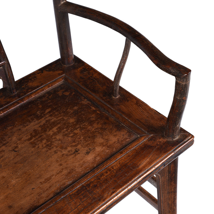 Arm Rest Detail From Antique Chinese Southern Officials Hat Chair From Shanxi With Carved Back And Burgundy Lacquer Patina