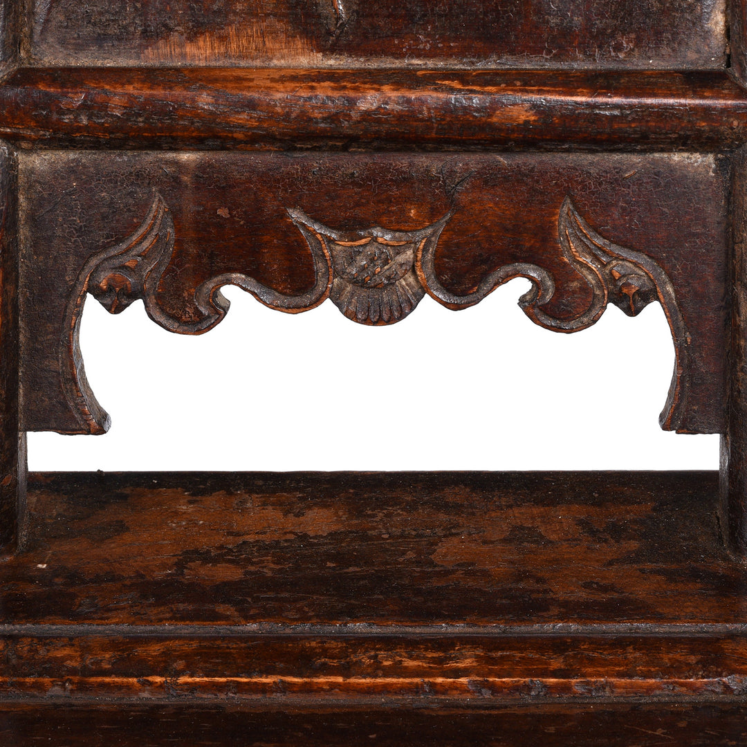 Carving Detail On Antique Chinese Southern Officials Hat Chair From Shanxi With Carved Back And Burgundy Lacquer Patina