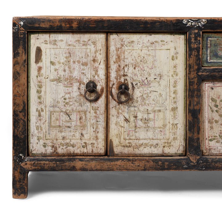 Painted Door Detail From Painted Mongolian Elm Kang Cabinet With Original 19th Century Decoration