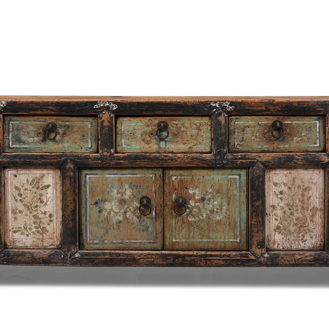 Central Painting Detail From Painted Mongolian Elm Kang Cabinet With Original 19th Century Decoration