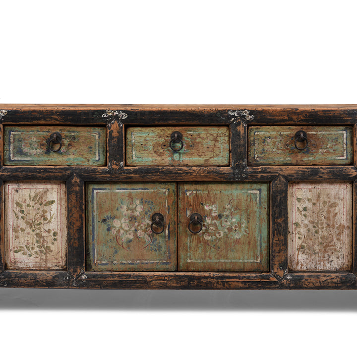 Central Painting Detail From Painted Mongolian Elm Kang Cabinet With Original 19th Century Decoration