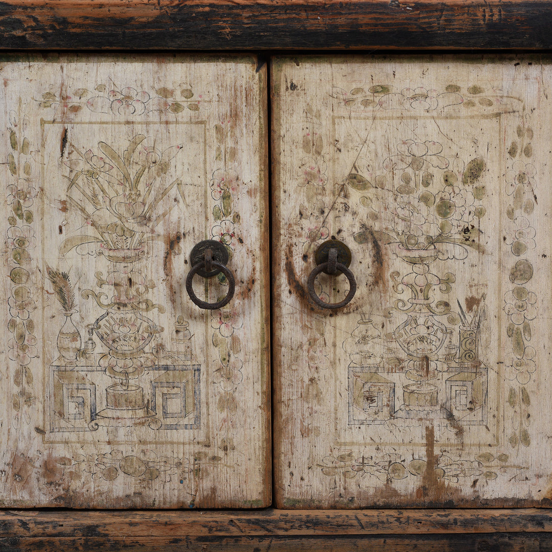 Paintwork Detail From Painted Mongolian Elm Kang Cabinet With Original 19th Century Decoration