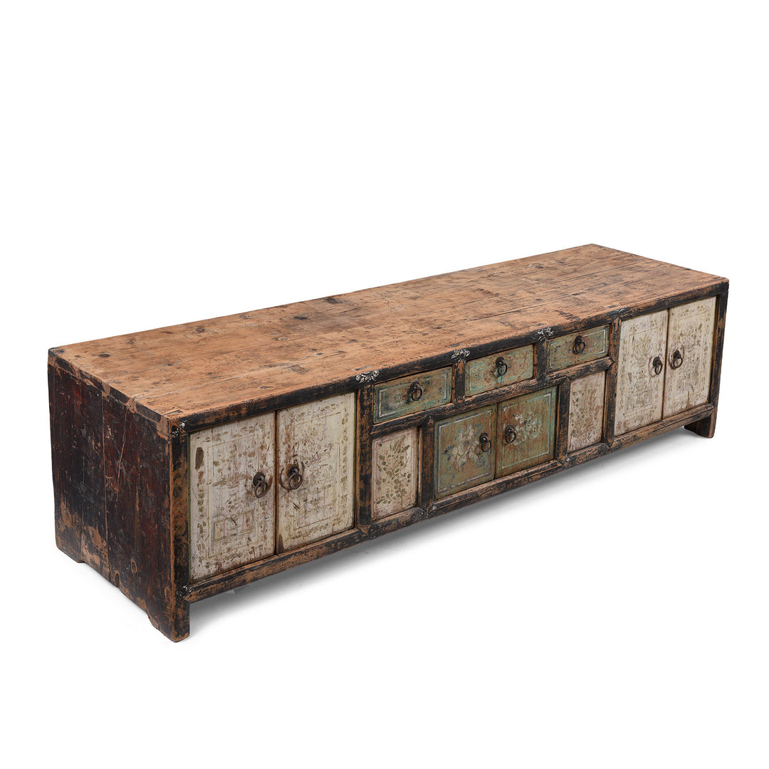 Angled View Of Painted Mongolian Elm Kang Cabinet With Original 19th Century Decoration