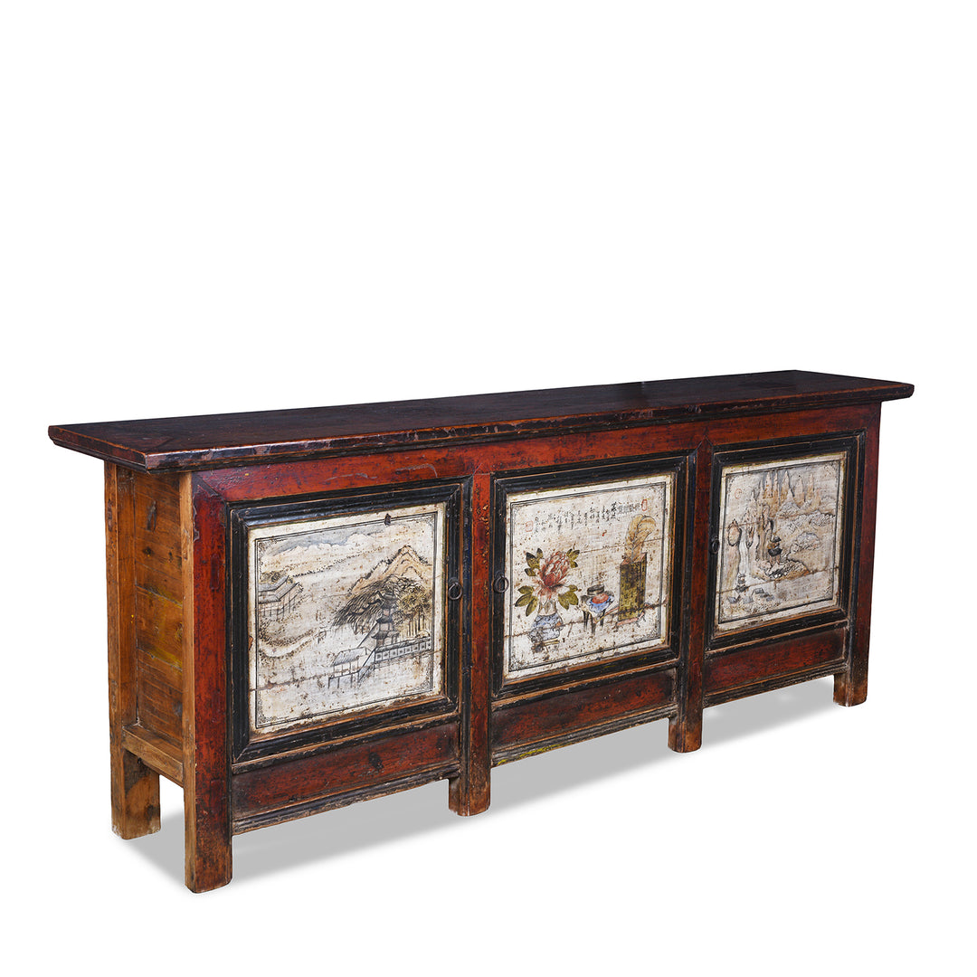 Angled VIew Of Antique Chinese Painted Sideboard