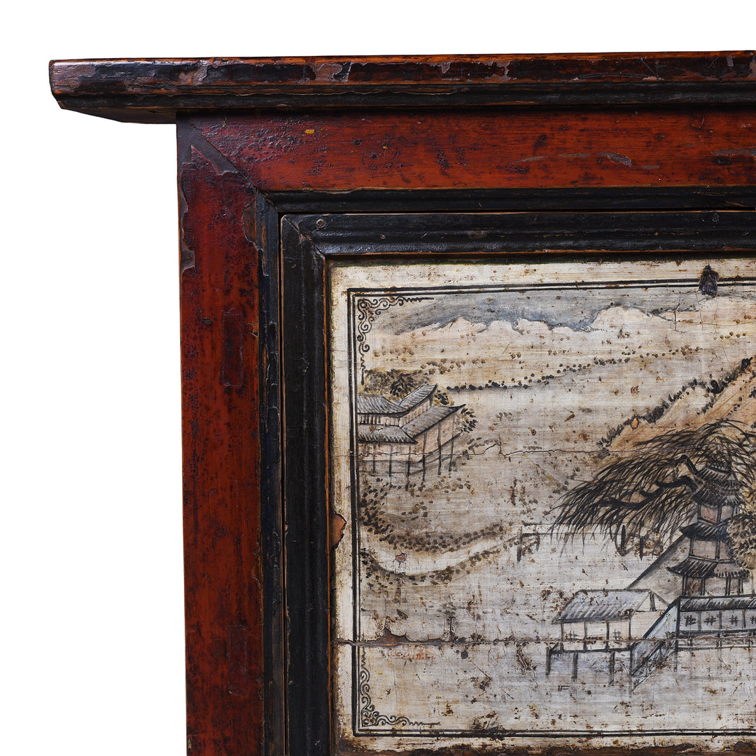Corner Detail From Antique Chinese Painted Sideboard