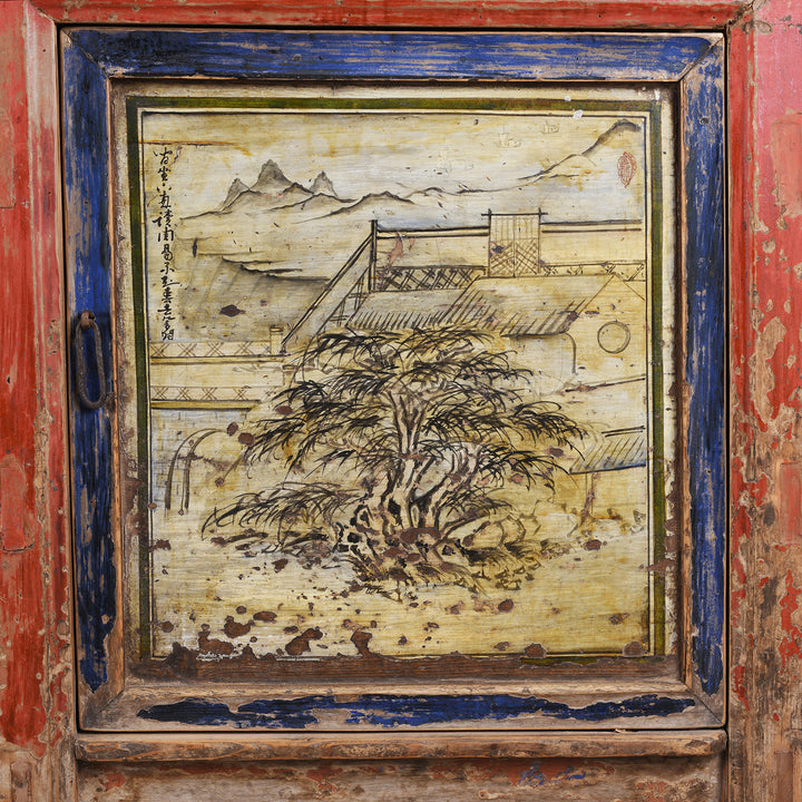 Door Painting Detail From Antique Painted Sideboard From Qinghai Province | Indigo Antiques