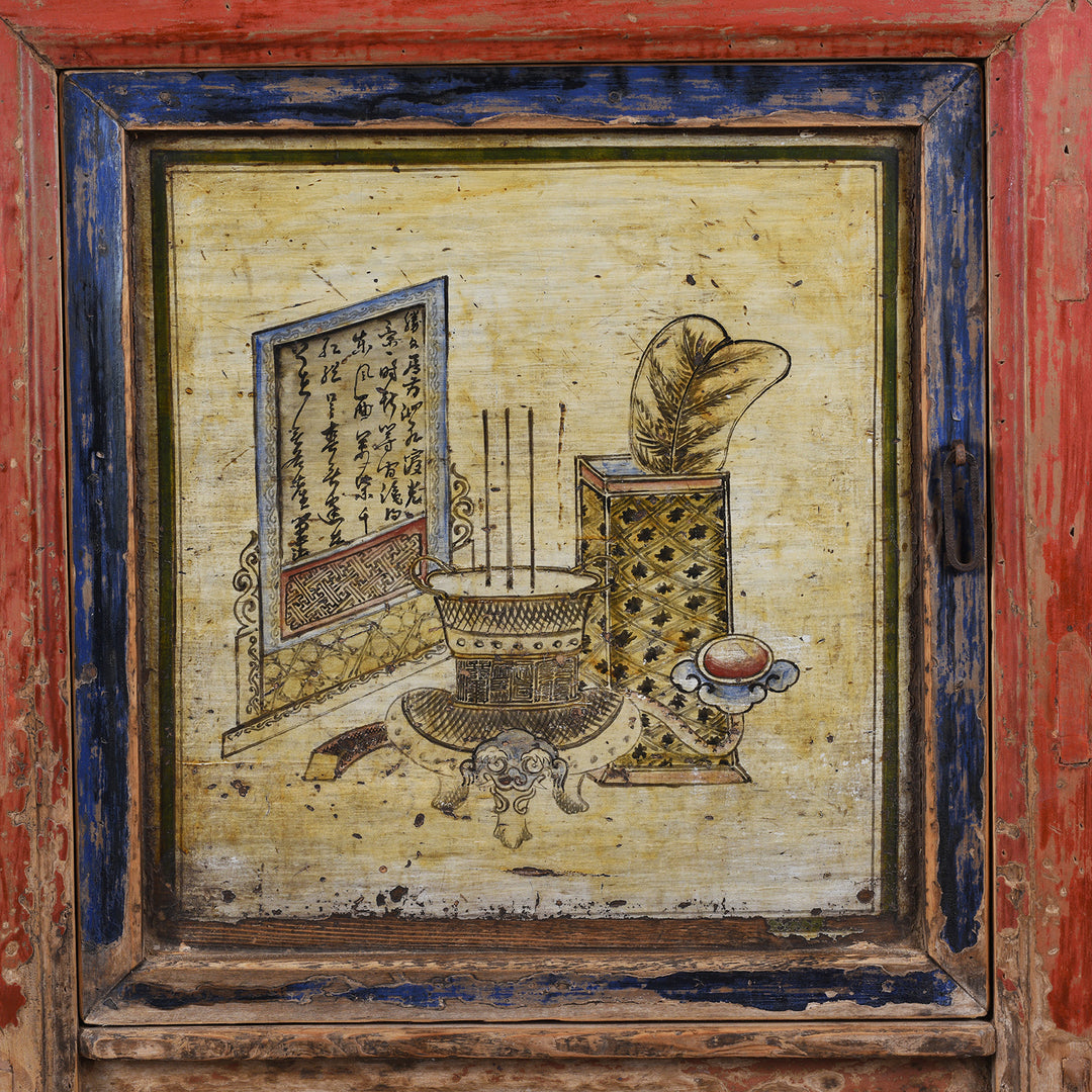 Door Painting Detail From Antique Painted Sideboard From Qinghai Province | Indigo Antiques