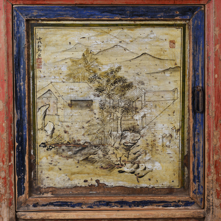 Door Painting Detail From Antique Painted Sideboard From Qinghai Province | Indigo Antiques