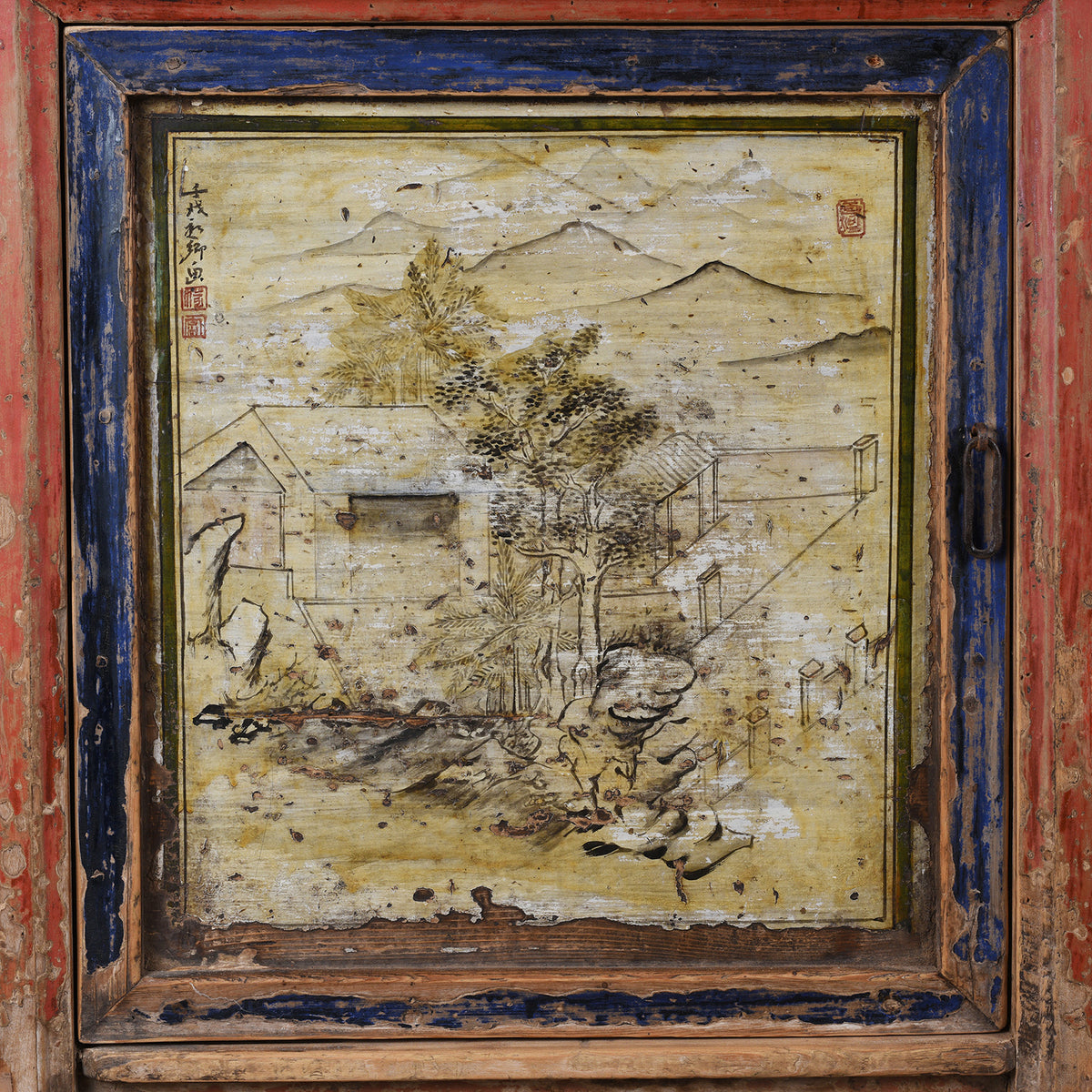 Door Painting Detail From Antique Painted Sideboard From Qinghai Province | Indigo Antiques