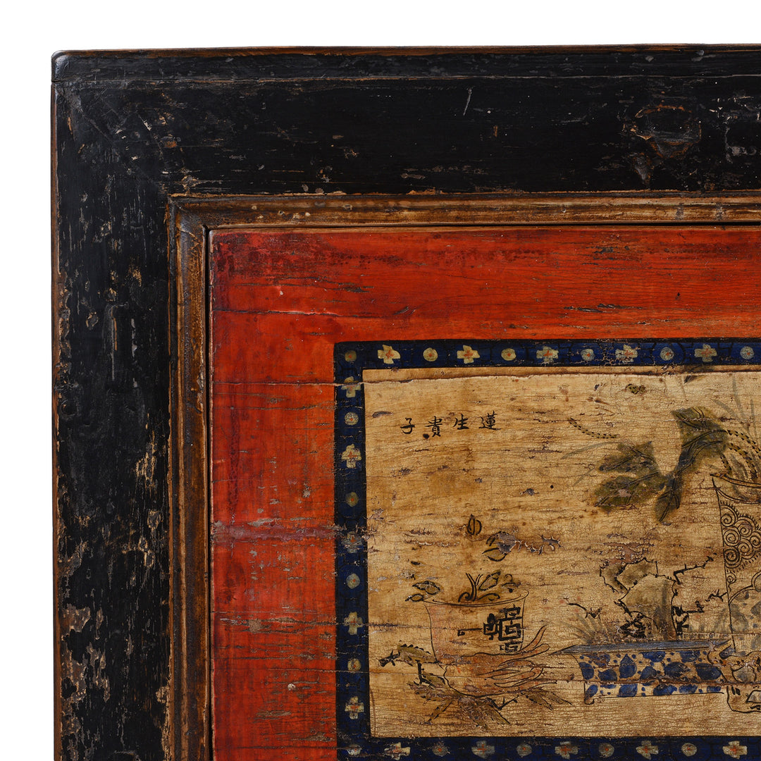 Corner Frame Detail From Antique Gansu Sideboard With Original Painted Scholarly Motifs And Front Opening Doors | Indigo Antiques
