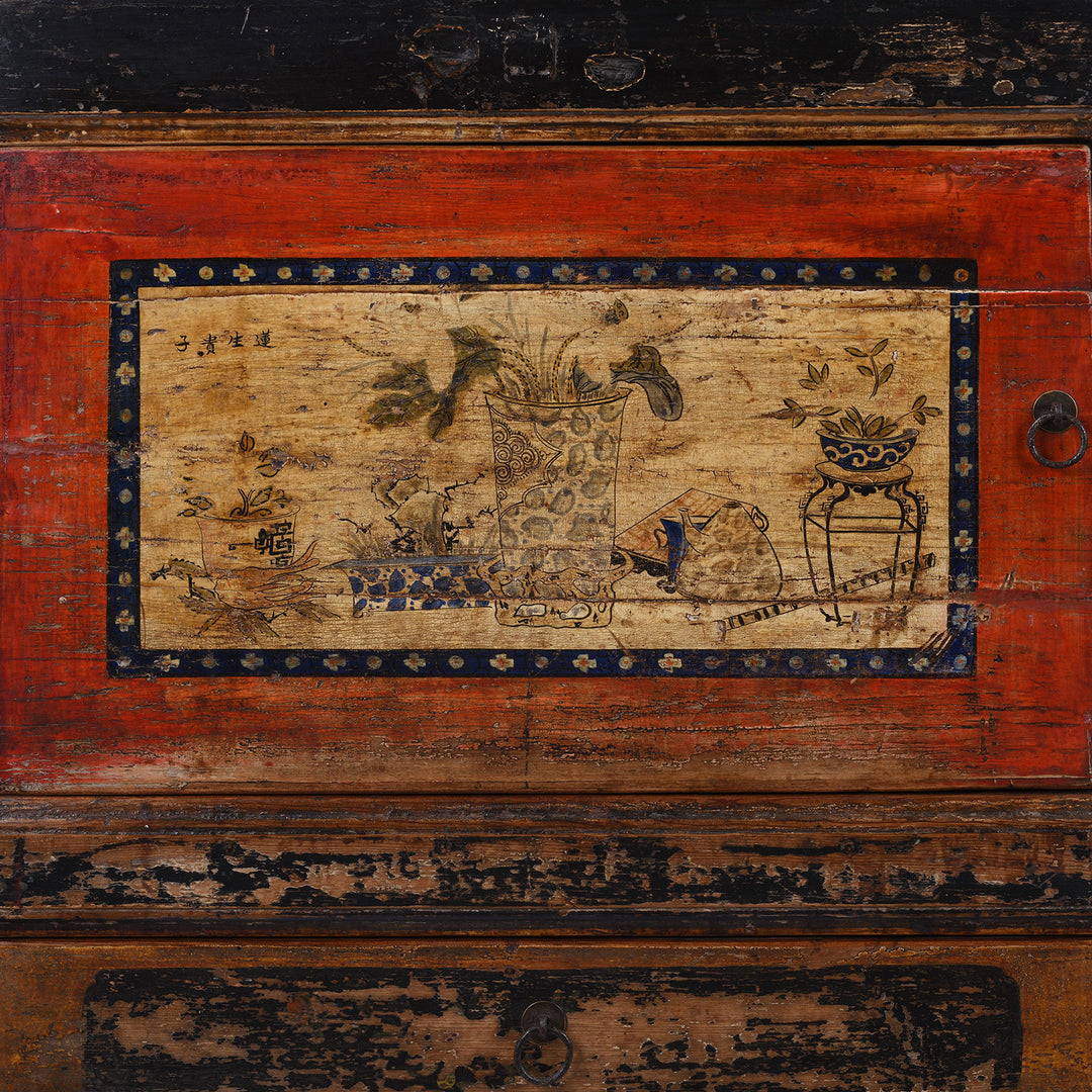Door Artwork Detail From Antique Gansu Sideboard With Original Painted Scholarly Motifs And Front Opening Doors | Indigo Antiques