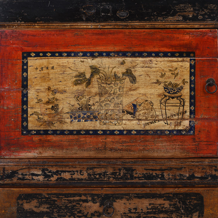 Door Artwork Detail From Antique Gansu Sideboard With Original Painted Scholarly Motifs And Front Opening Doors | Indigo Antiques