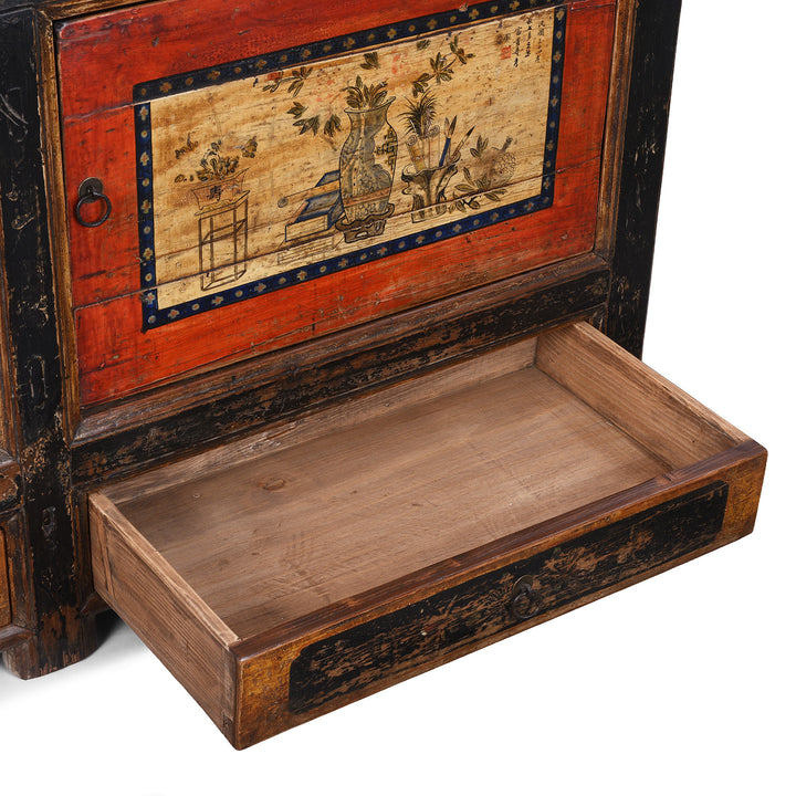 Drawer Interior Detail From Antique Gansu Sideboard With Original Painted Scholarly Motifs And Front Opening Doors | Indigo Antiques
