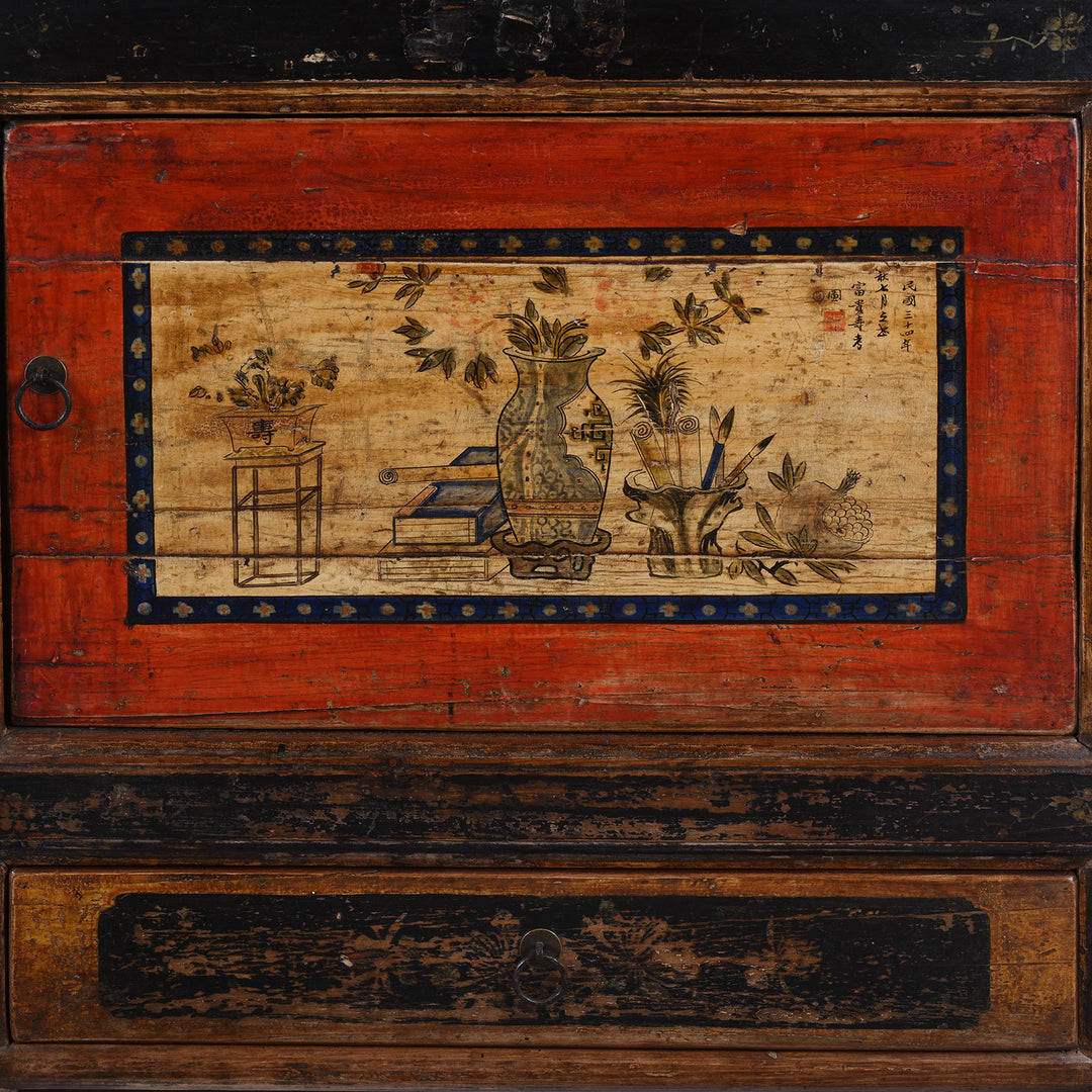 Door Artwork Detail From Antique Gansu Sideboard With Original Painted Scholarly Motifs And Front Opening Doors | Indigo Antiques