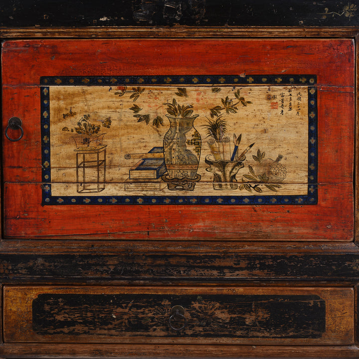 Door Artwork Detail From Antique Gansu Sideboard With Original Painted Scholarly Motifs And Front Opening Doors | Indigo Antiques