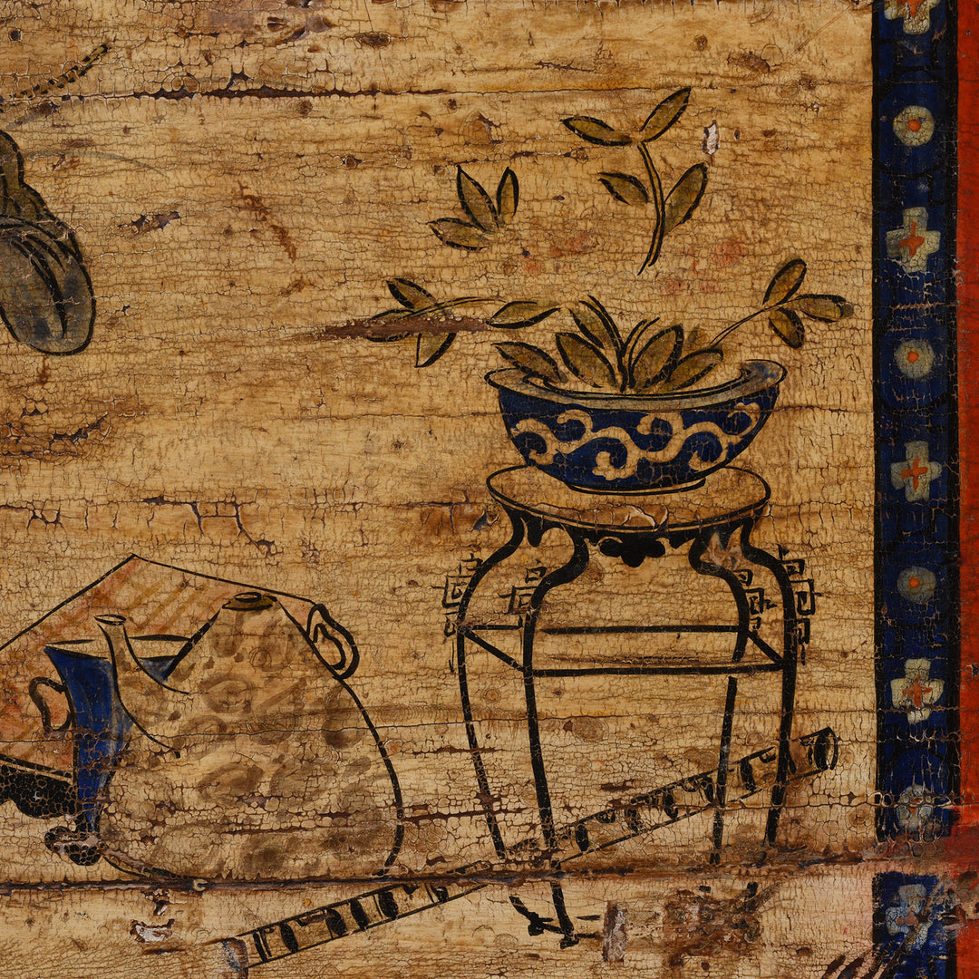 Flower Stand Detail From Antique Gansu Sideboard With Original Painted Scholarly Motifs And Front Opening Doors | Indigo Antiques
