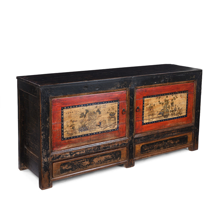 Angled View Of Antique Gansu Sideboard With Original Painted Scholarly Motifs And Front Opening Doors | Indigo Antiques
