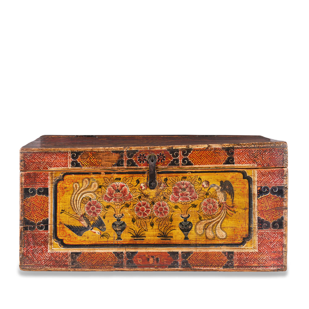 Antique Gansu Chest With Mongolian Painted Floral And Bird Motifs
