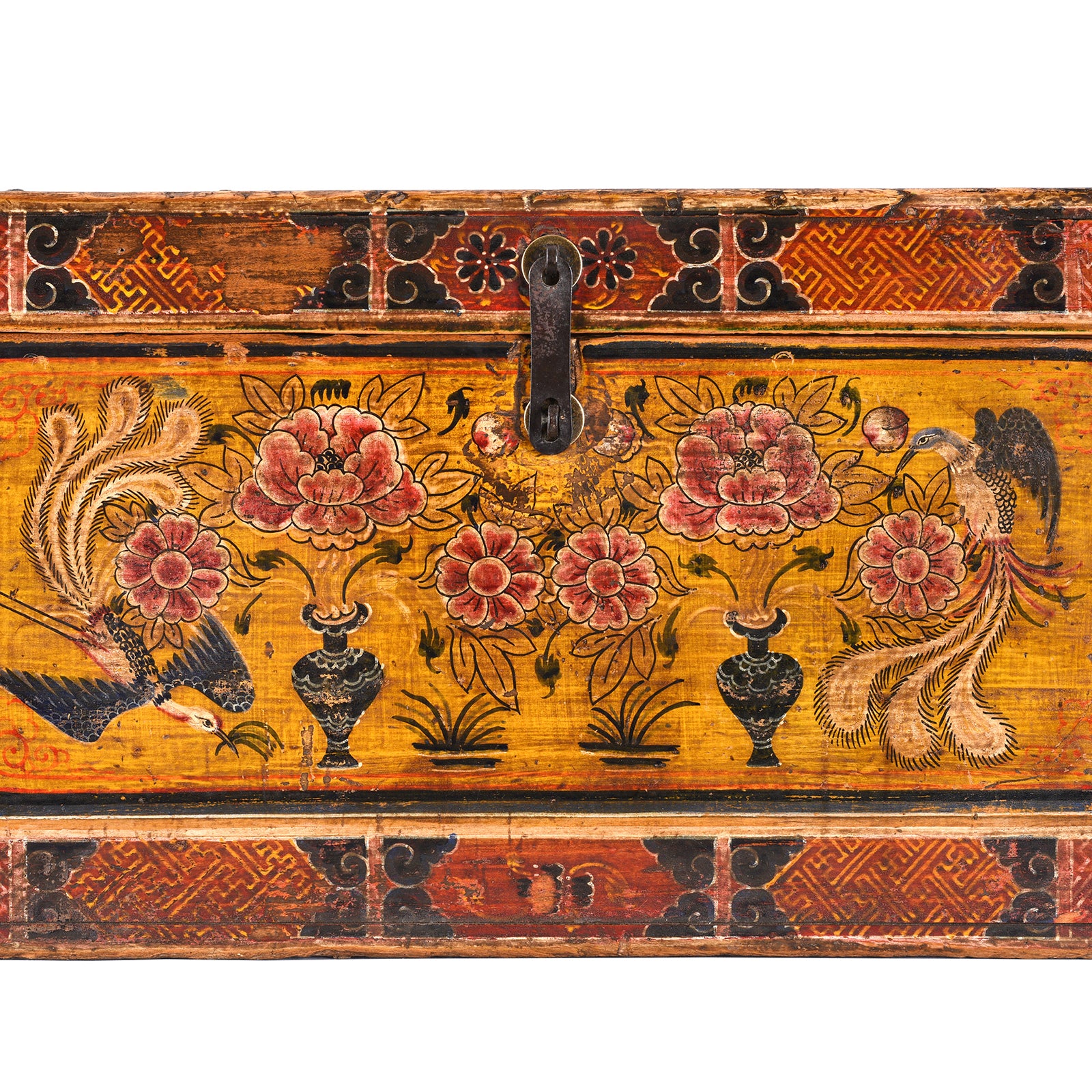 Paintowrk Detail From Antique Gansu Chest With Mongolian Painted Floral And Bird Motifs